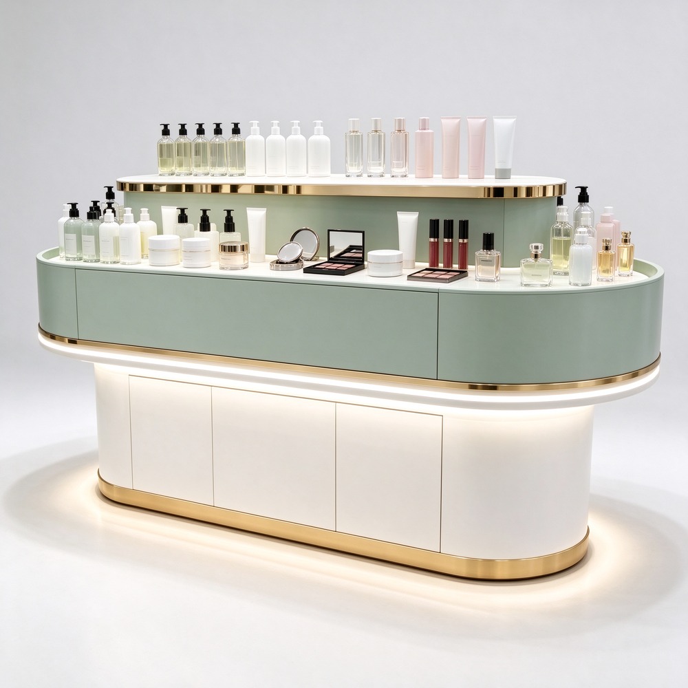 Oval sage green and white perfume display island counter left 45 degree view