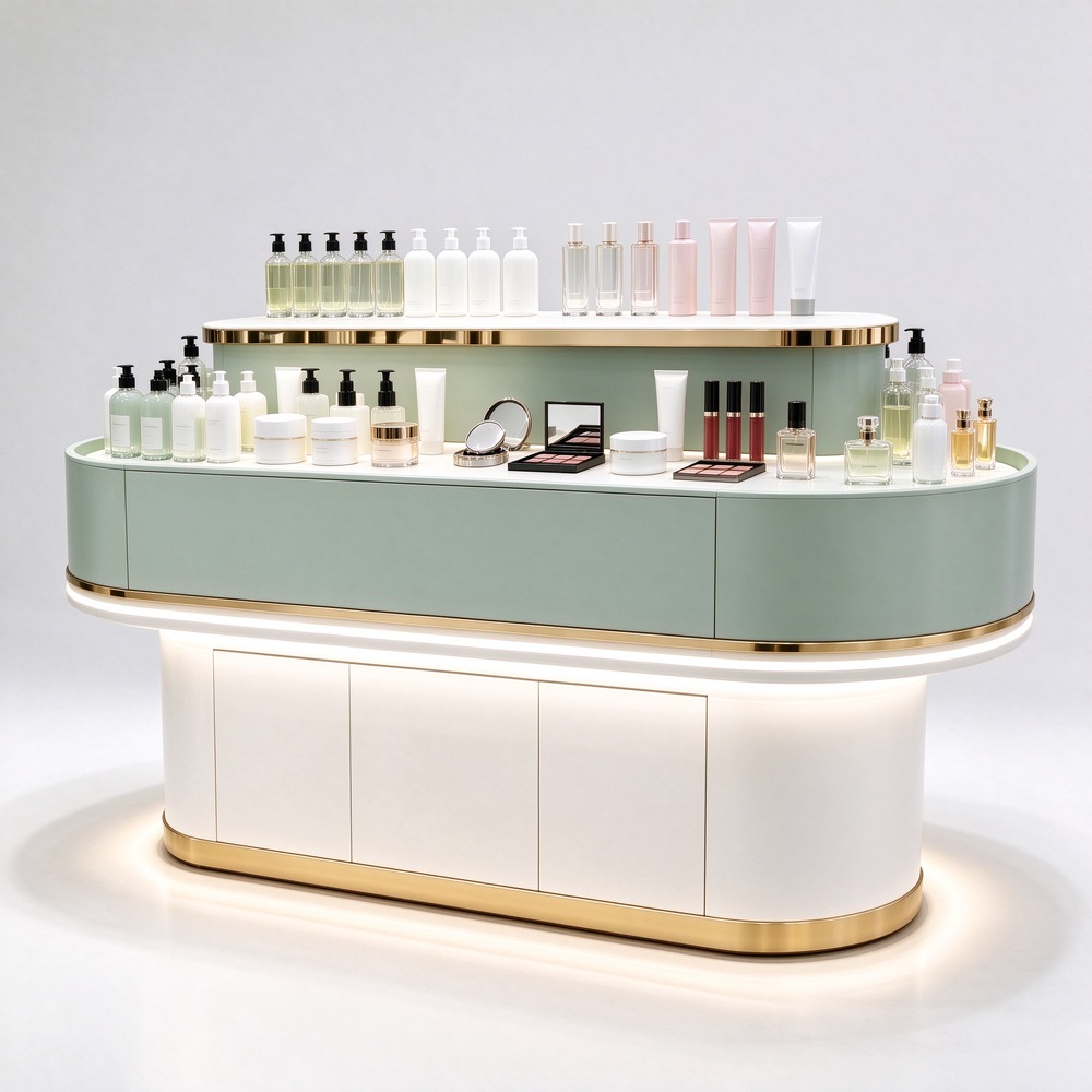 Oval sage green and white perfume display island counter right 45 degree view