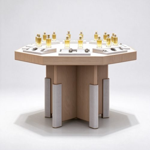 Light oak hexagonal perfume display table left 45 degree view
