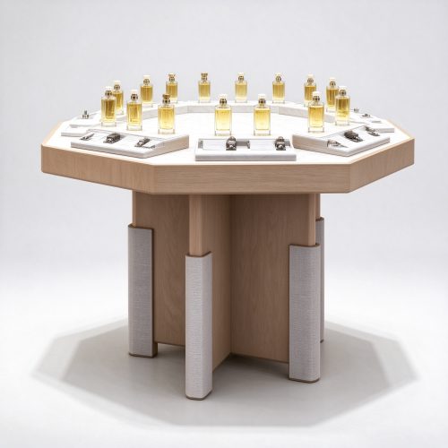 Light oak hexagonal perfume display table right 45 degree view