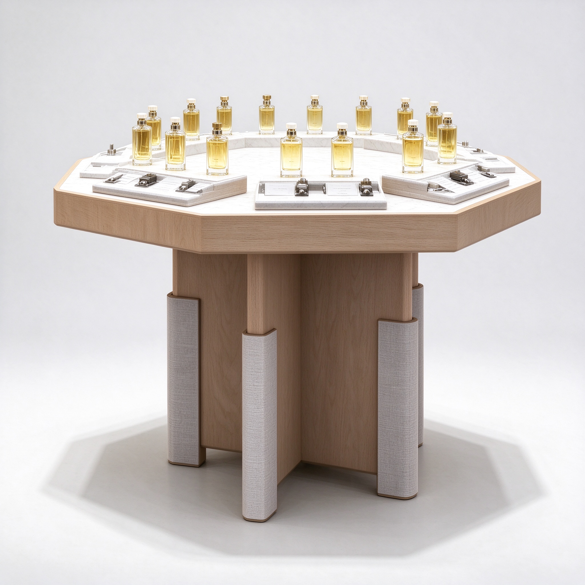 Light oak hexagonal perfume display table right 45 degree view