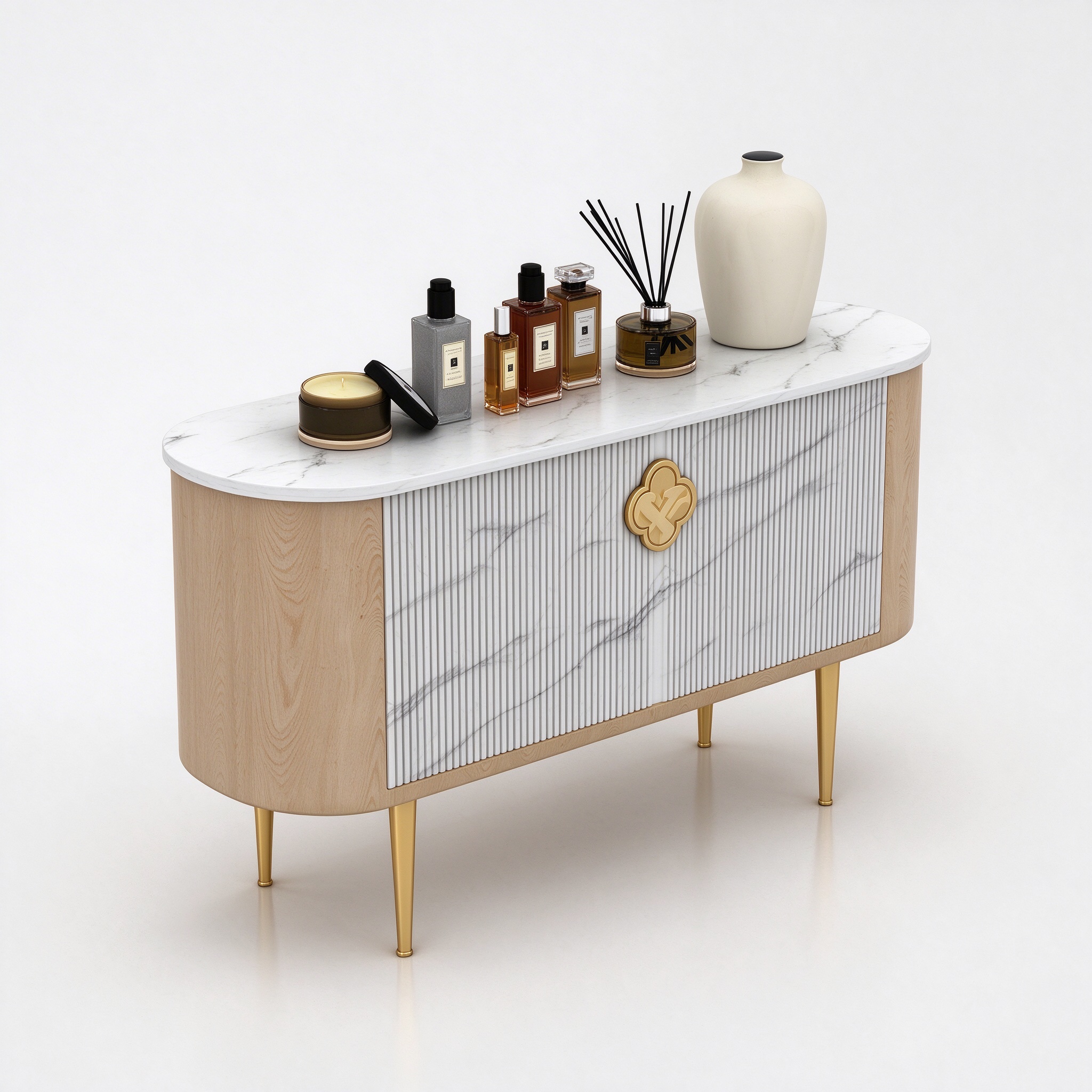 Oval marble perfume display sideboard left 45 degree view
