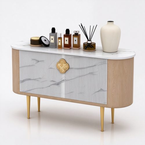 Oval marble perfume display sideboard right 45 degree view