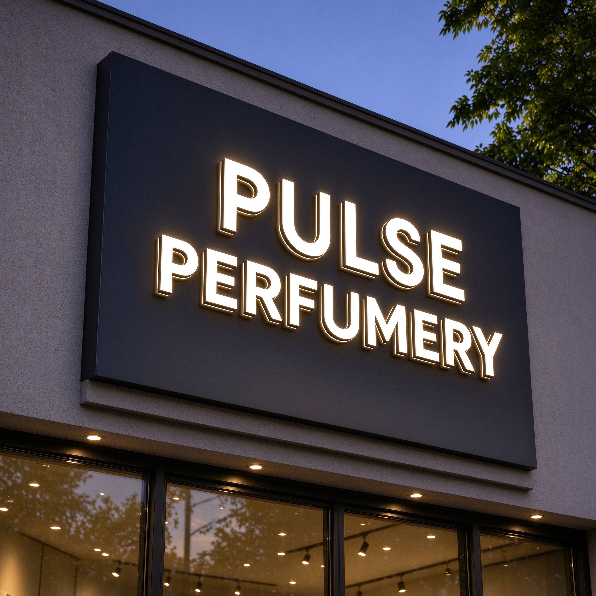 Dark charcoal storefront sign with white backlit PULSE PERFUMERY letters, left 45 degree view