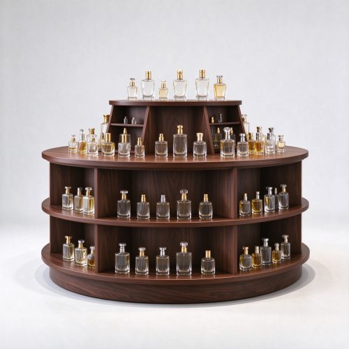 Dark walnut round three-tier perfume display stand left 45 degree angle view