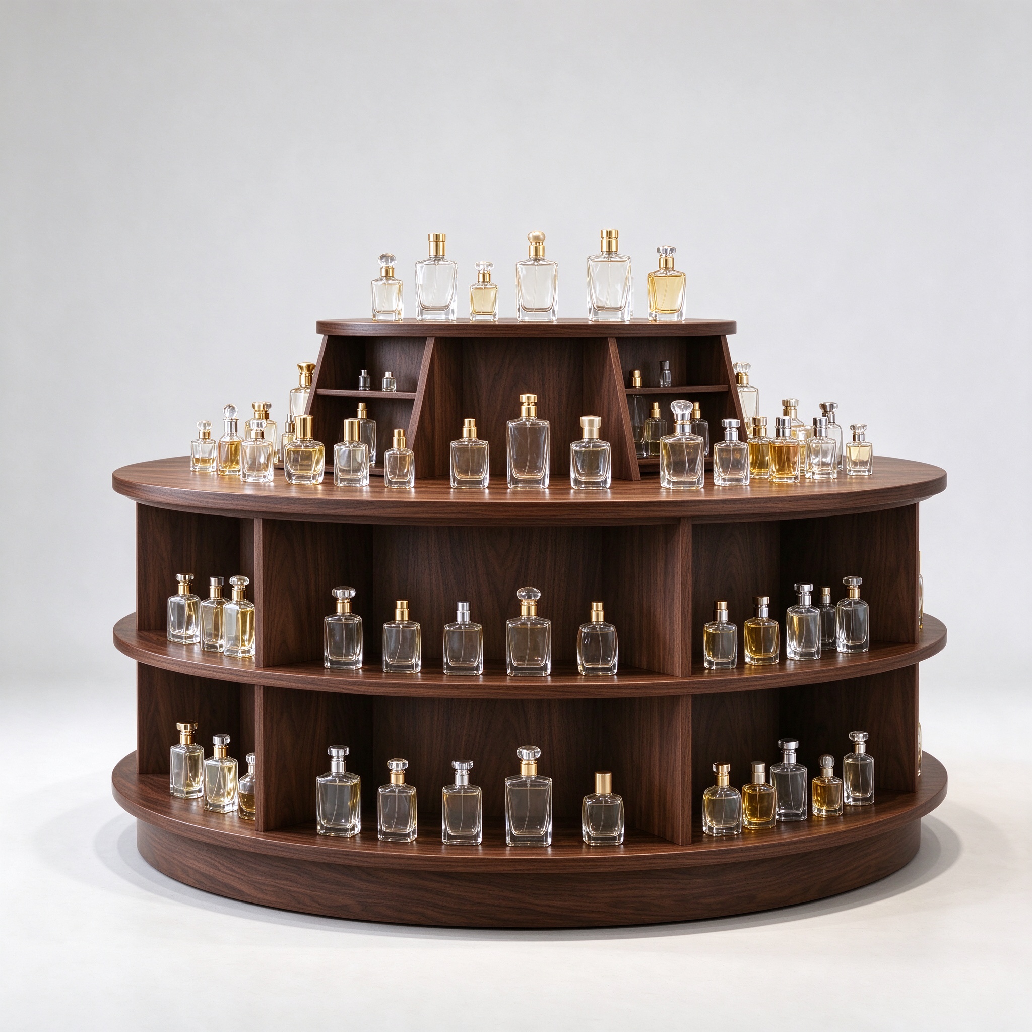 Dark walnut round three-tier perfume display stand right 45 degree angle view