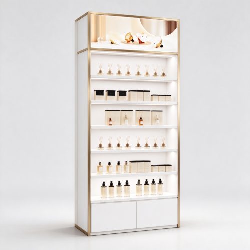 White lacquer perfume display cabinet with gold trim left 45 degree view