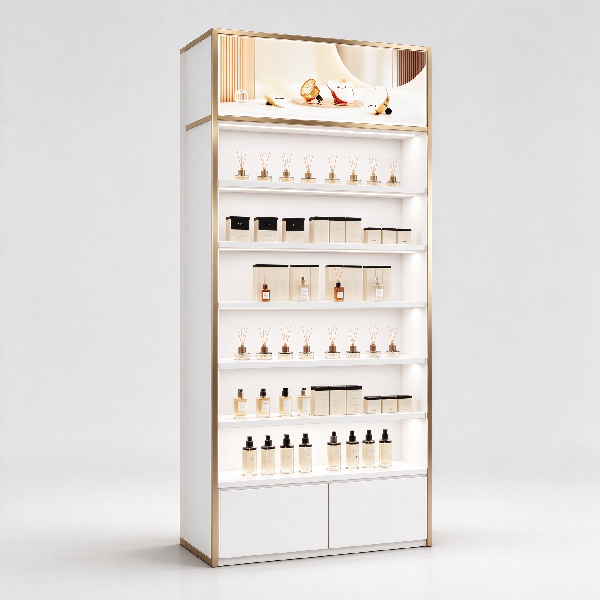 White lacquer perfume display cabinet with gold trim left 45 degree view