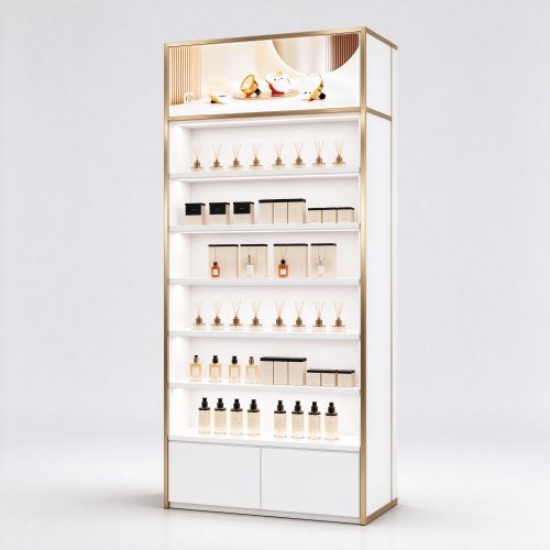 White lacquer perfume display cabinet with gold trim right 45 degree angle view