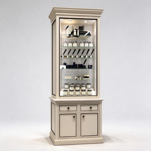 Cream beige perfume boutique wall display cabinet left 45 degree view