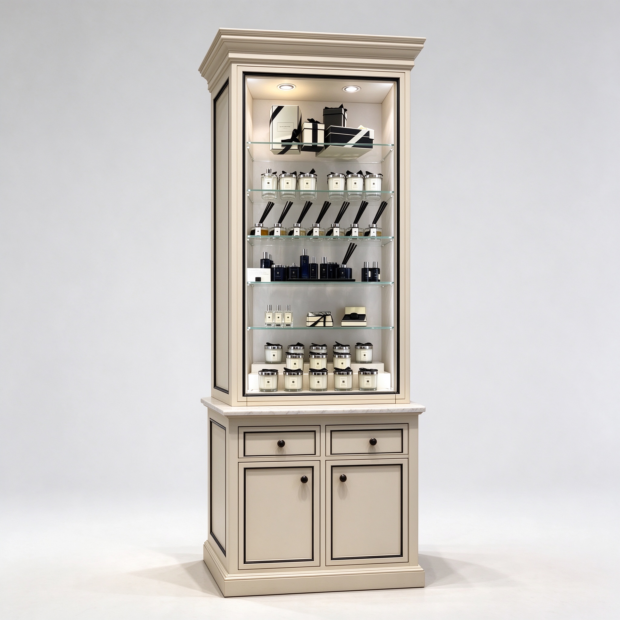 Cream beige perfume boutique wall display cabinet left 45 degree view