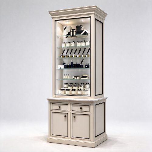 Cream beige perfume boutique wall display cabinet right 45 degree angle view