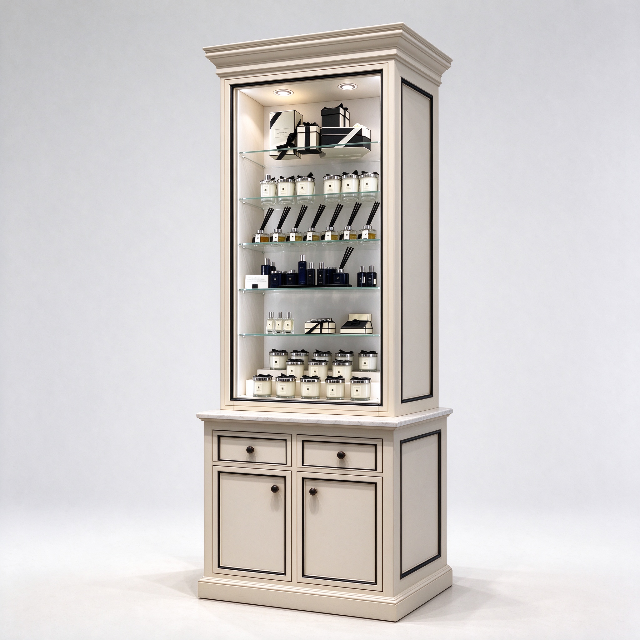 Cream beige perfume boutique wall display cabinet right 45 degree angle view