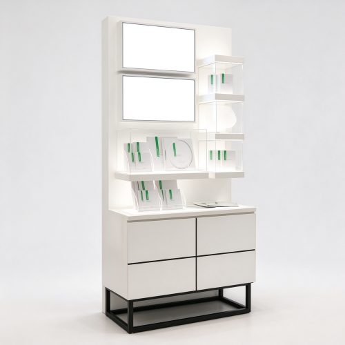 White perfume display cabinet with drawer base left 45 degree view