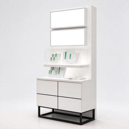 White perfume display cabinet with drawer base right 45 degree angle view