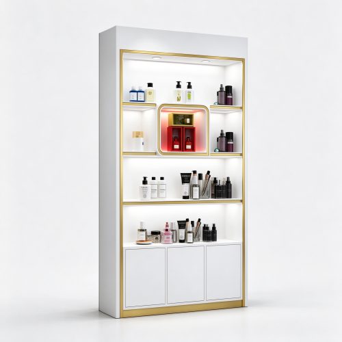 Single white lacquer gold trim perfume display cabinet left 45 degree view