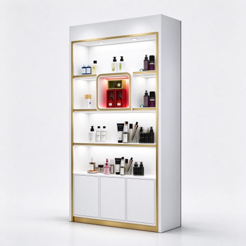 Single white lacquer gold trim perfume display cabinet right 45 degree angle view