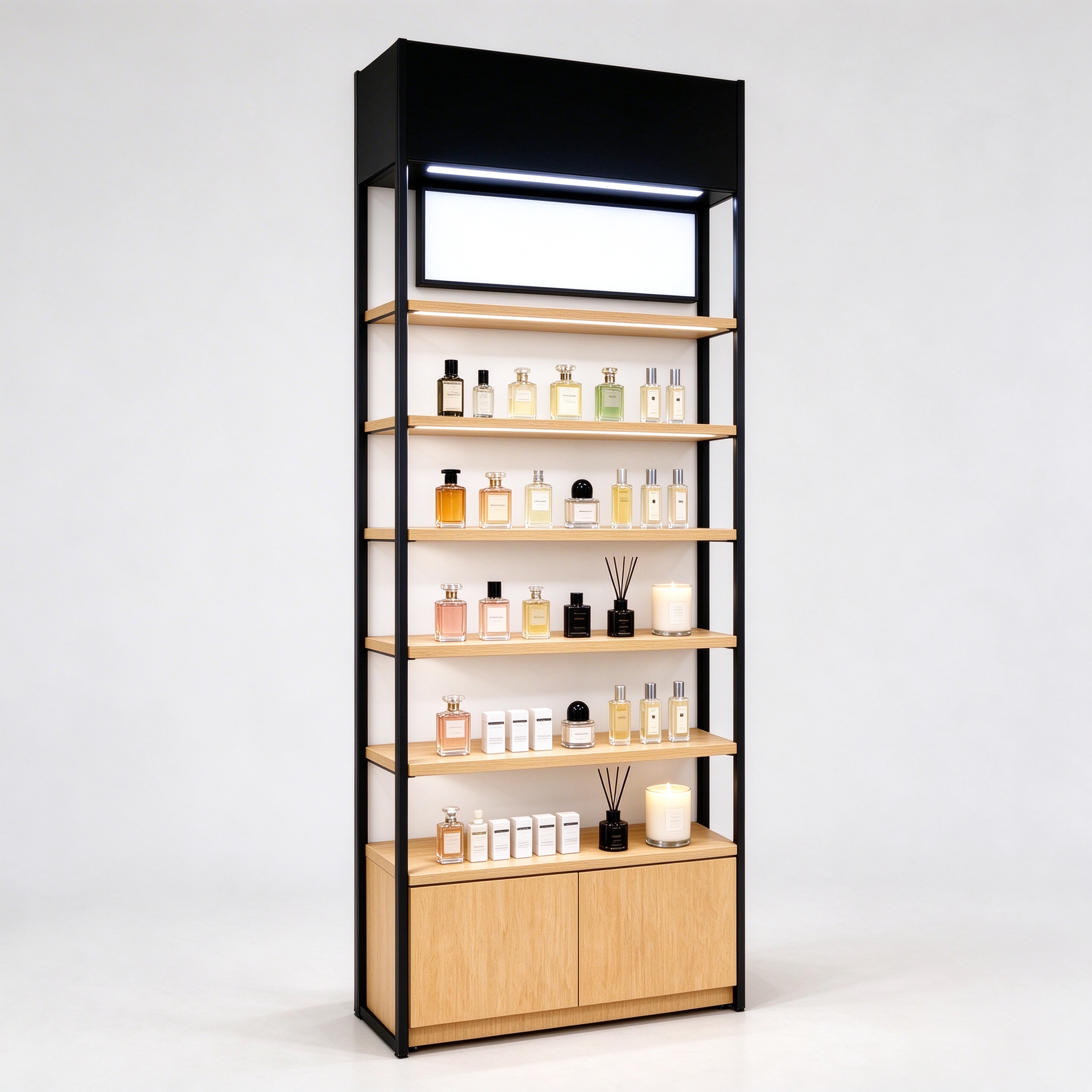 Black metal frame light oak perfume display rack left 45 degree view