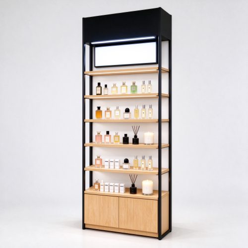 Black metal frame light oak perfume display rack right 45 degree angle view