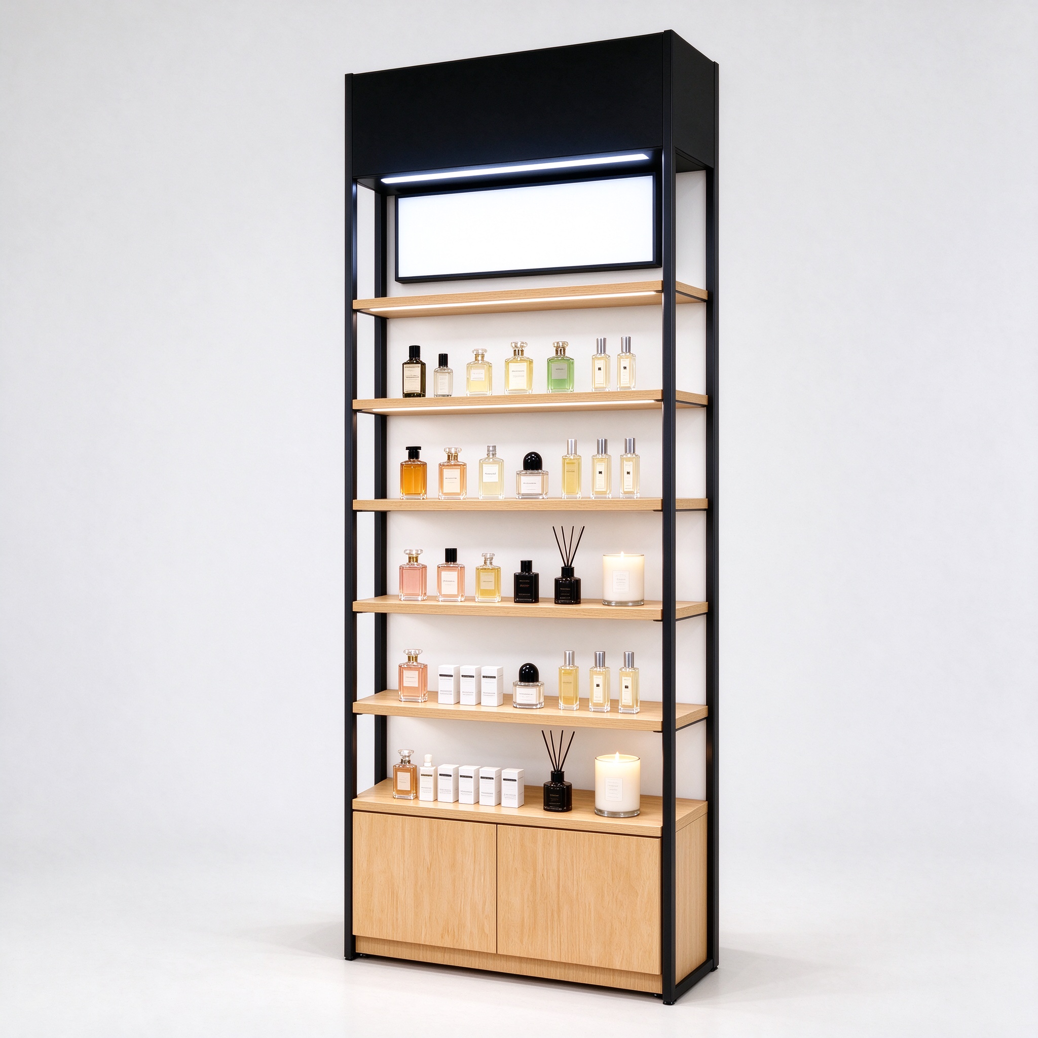 Black metal frame light oak perfume display rack right 45 degree angle view