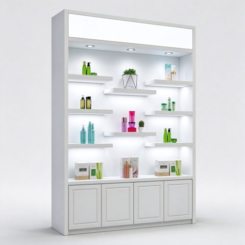 White perfume display cabinet with stepped floating shelves left 45 degree view