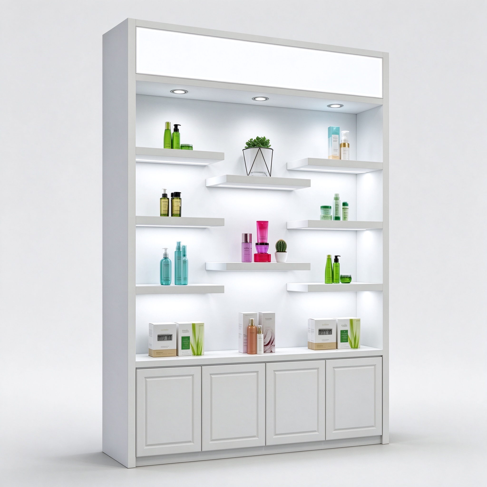 White perfume display cabinet with stepped floating shelves left 45 degree view