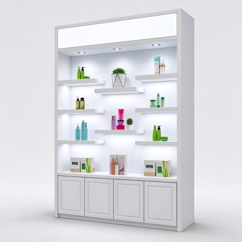 White perfume display cabinet with stepped floating shelves right 45 degree angle view