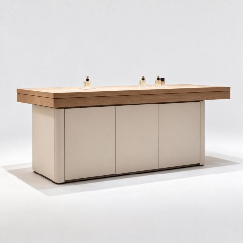 Light oak wood top island perfume counter left 45 degree view