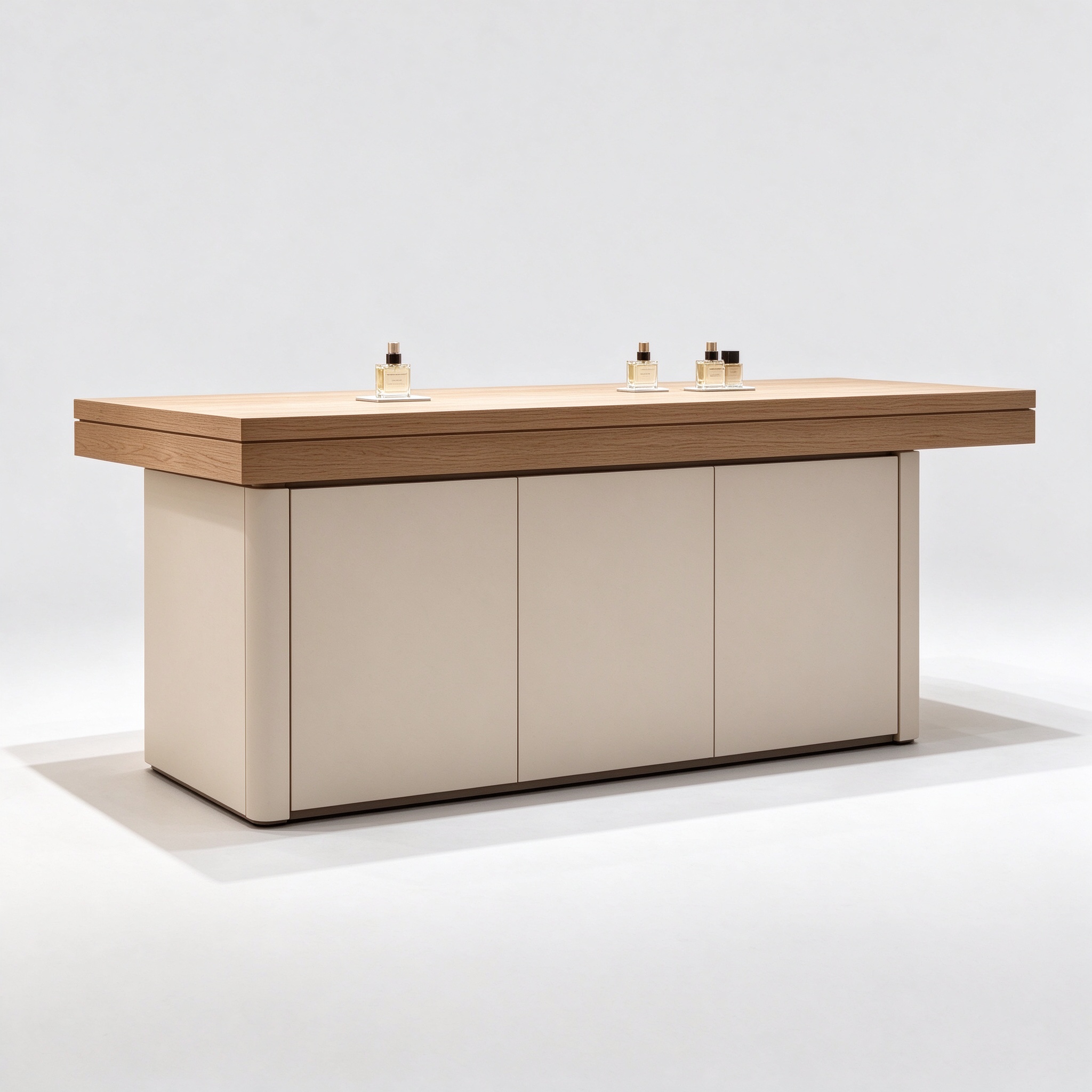 Light oak wood top island perfume counter left 45 degree view
