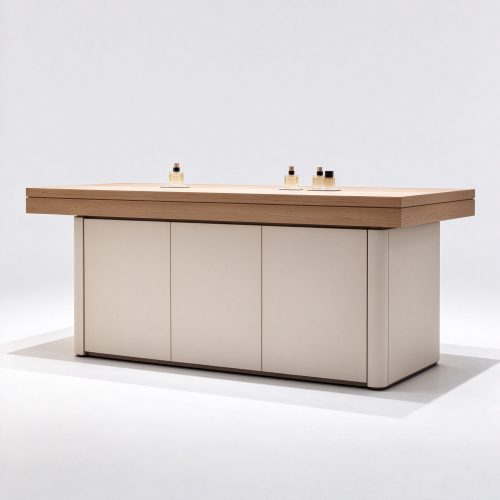 Light oak wood top island perfume counter right 45 degree angle view