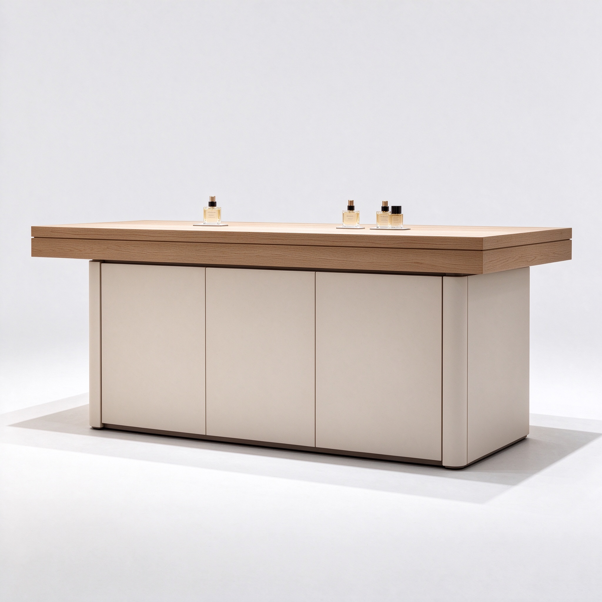 Light oak wood top island perfume counter right 45 degree angle view