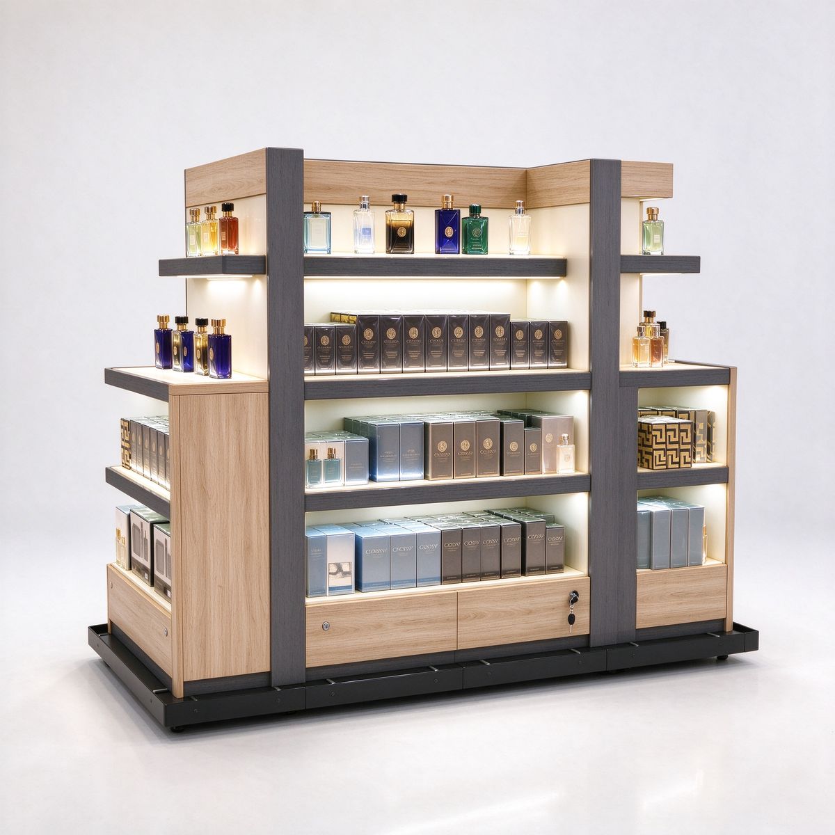 Oak wood perfume gondola shelving right 45 angle with dark gray frames