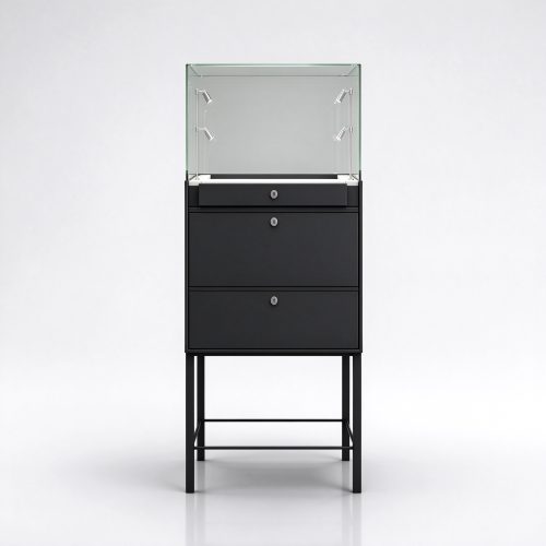 Black metal jewelry display showcase closed front view