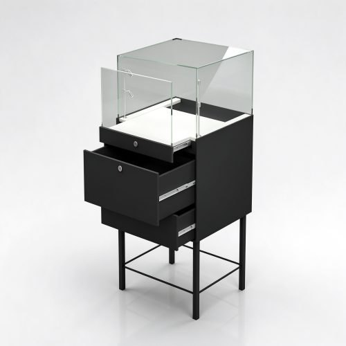 Black metal jewelry display showcase with open drawers angle view