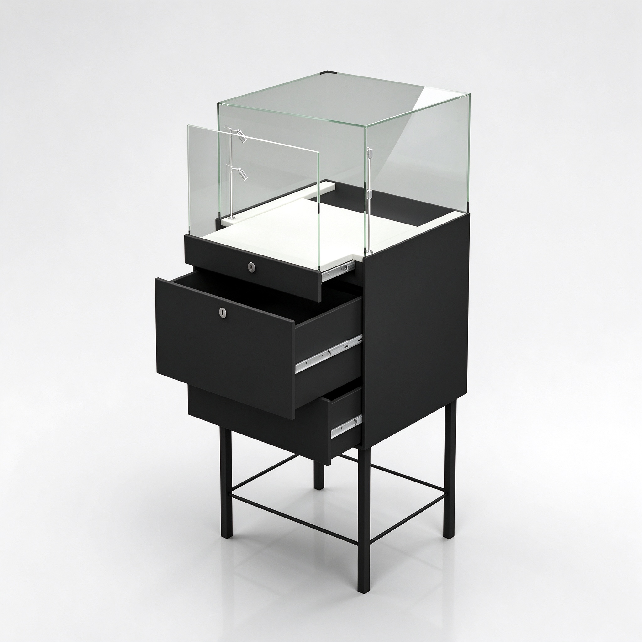 Black metal jewelry display showcase with open drawers angle view