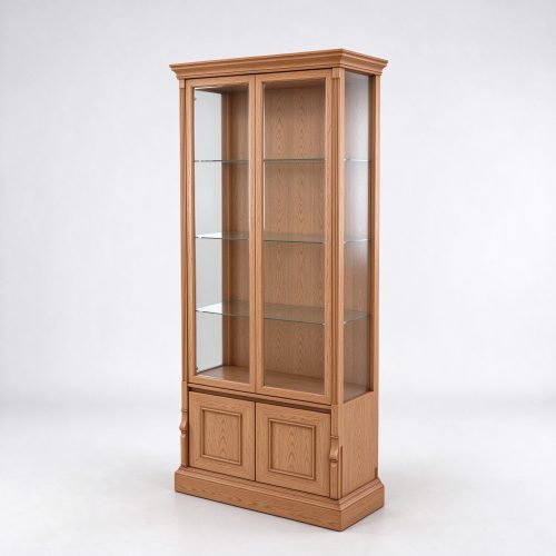 Oak wood jewelry display curio cabinet right 45 degree view