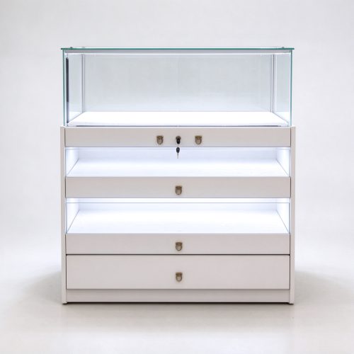Multi drawer glass display cabinet closed front view