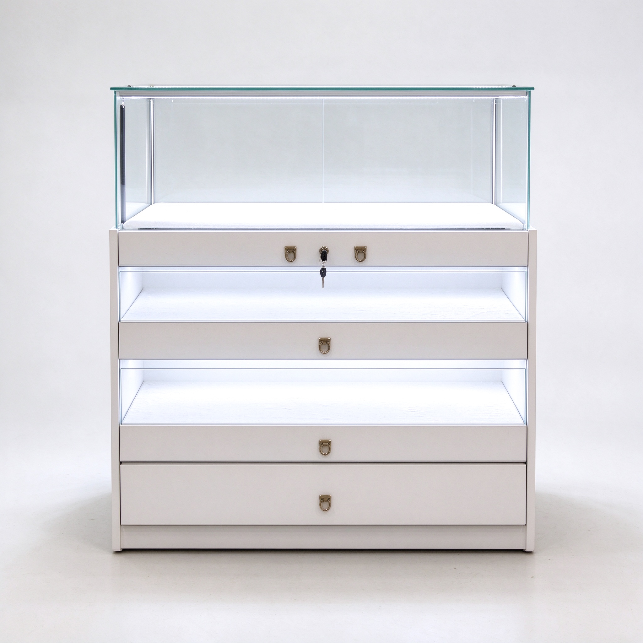 Multi drawer glass display cabinet closed front view