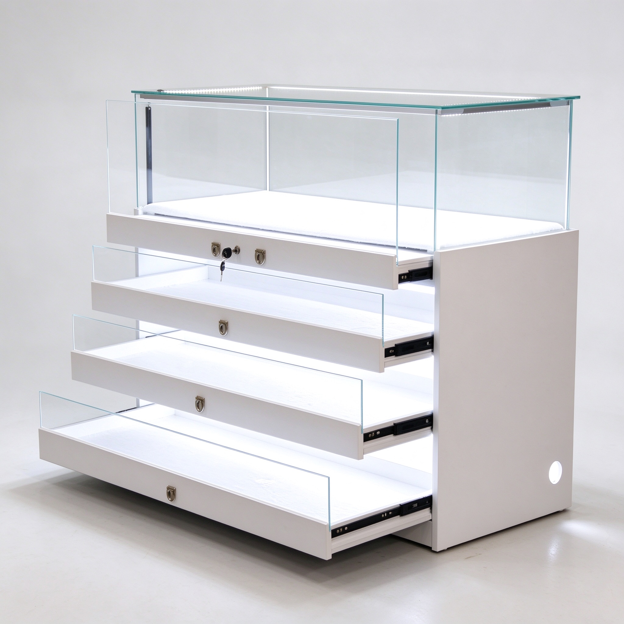 Multi drawer glass display cabinet open drawers angle view