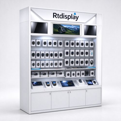 White electronics display wall cabinet left 45 view