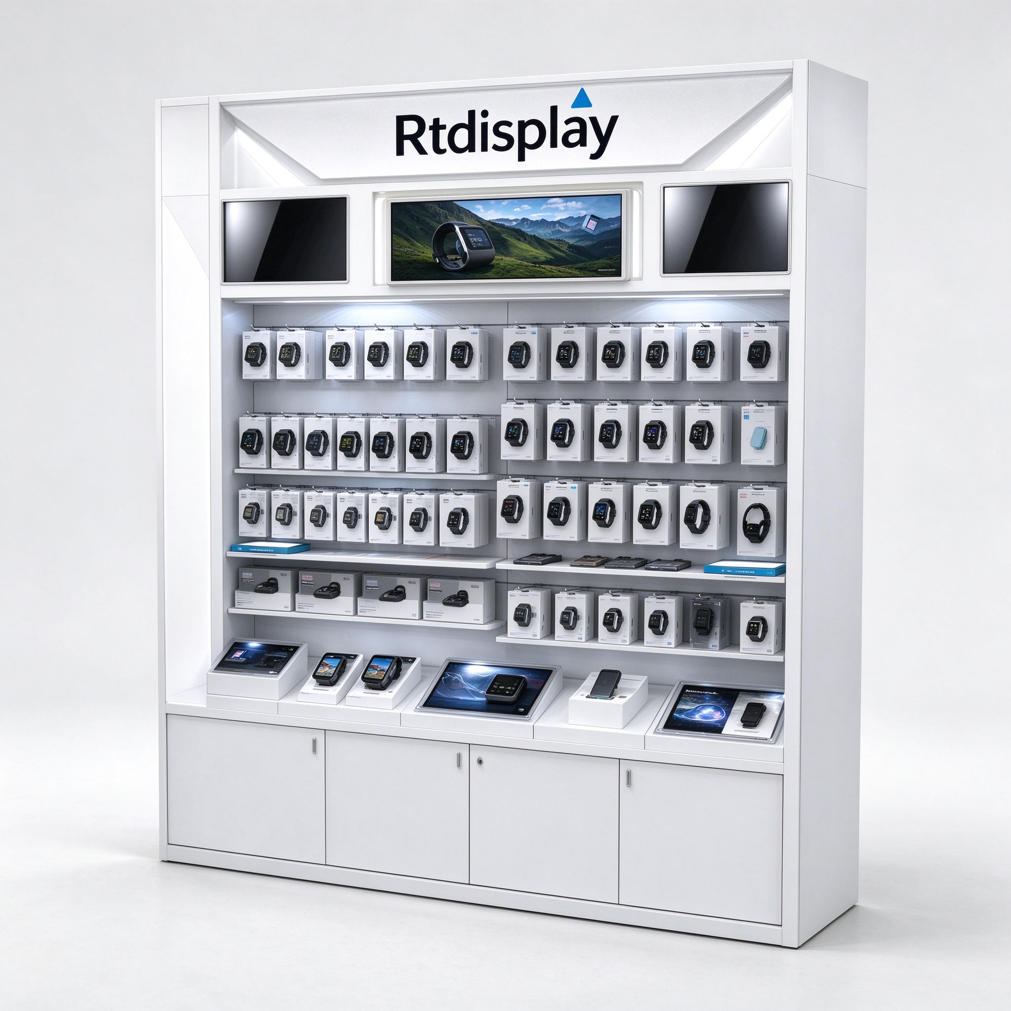White electronics display wall cabinet with Rtdisplay brand