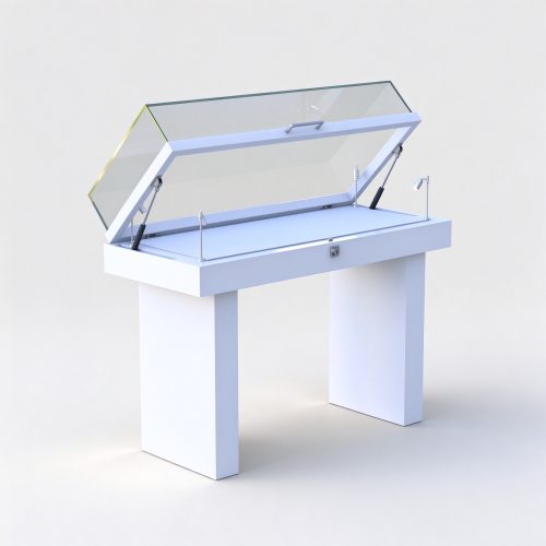 White hydraulic lift jewelry display showcase angle view