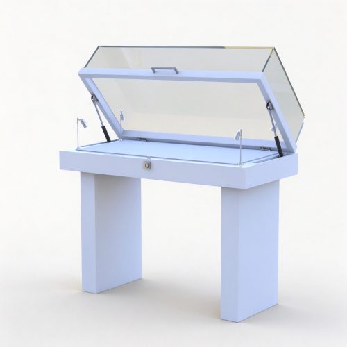 White jewelry display showcase with open cover left 45 degree view