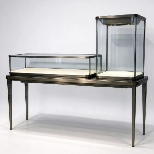 Jewelry display counter with long low case and tall case left 45 degree view