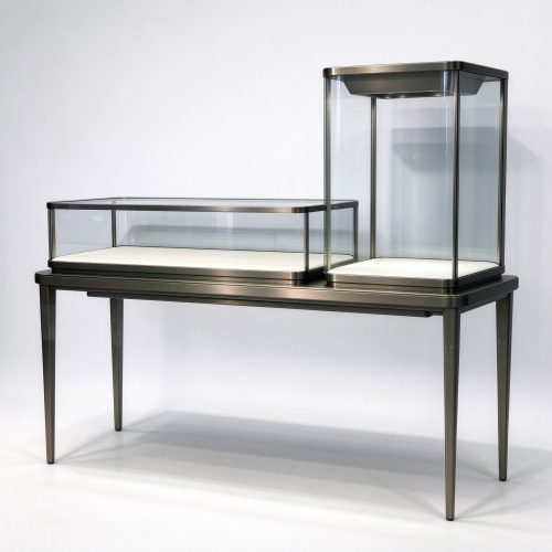 Jewelry display counter with long low case and tall case right 45 degree view