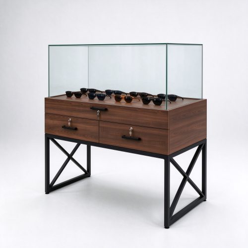 Walnut wood glass optical counter right 45 view