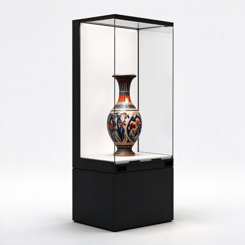Frameless museum pedestal glass display case right 45 view with artifact