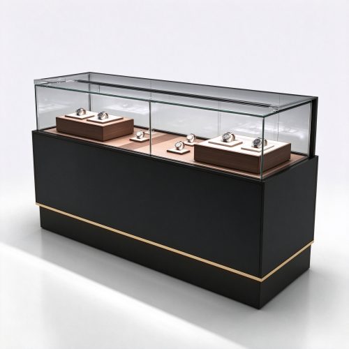 Black luxury watch display counter right 45 view