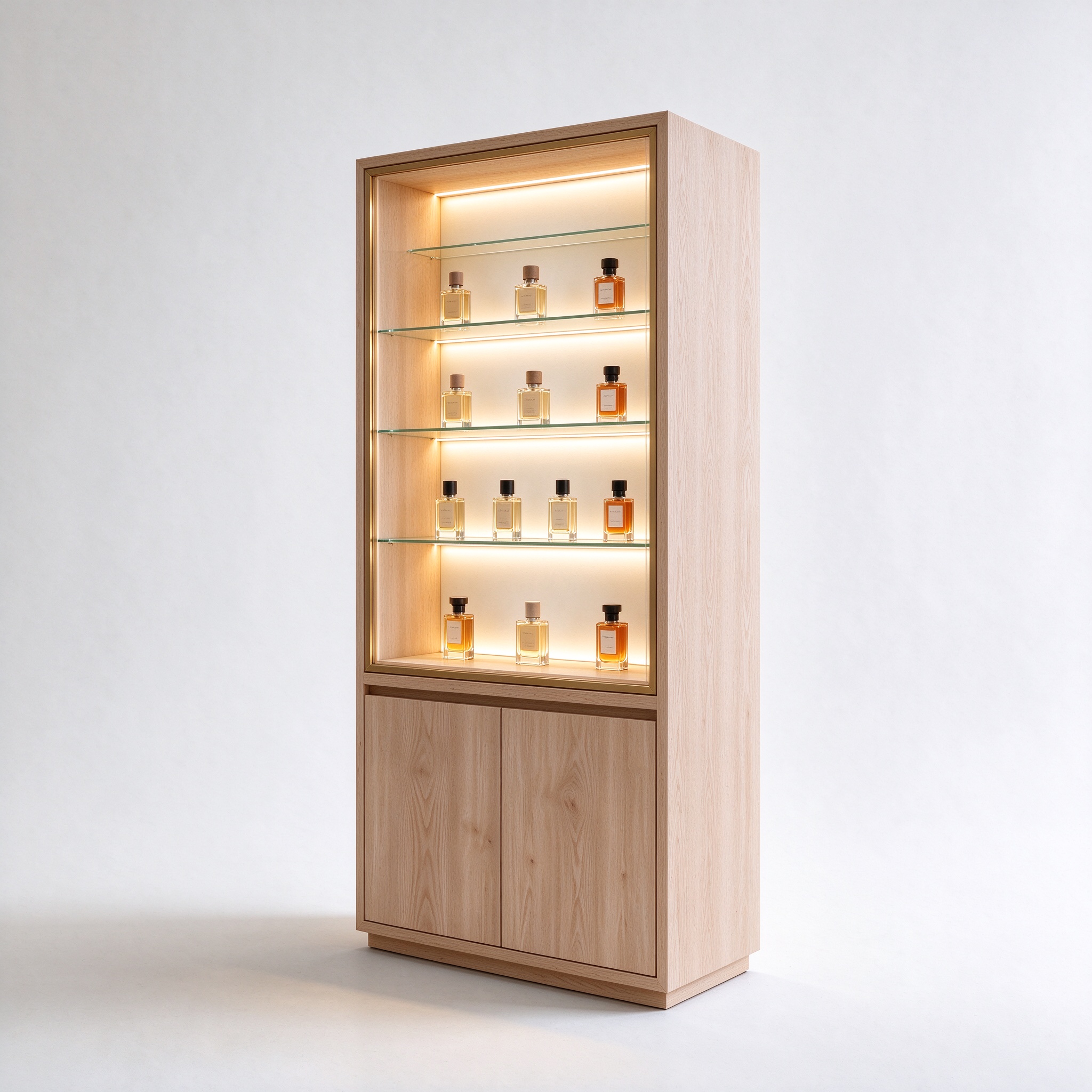 Light oak LED perfume display cabinet right 45 view