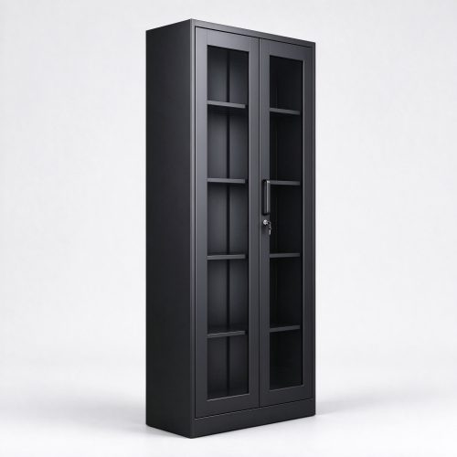 Black metal locking display cabinet right 45 view